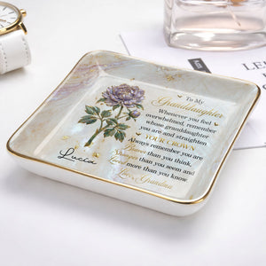 To My Granddaughter Straighten Your Crown Birth Month Flower Marble Jewelry Dish - Personalized Custom Jewelry Dish, Ceramic Dish, Square Shape - GDT733_SCRF