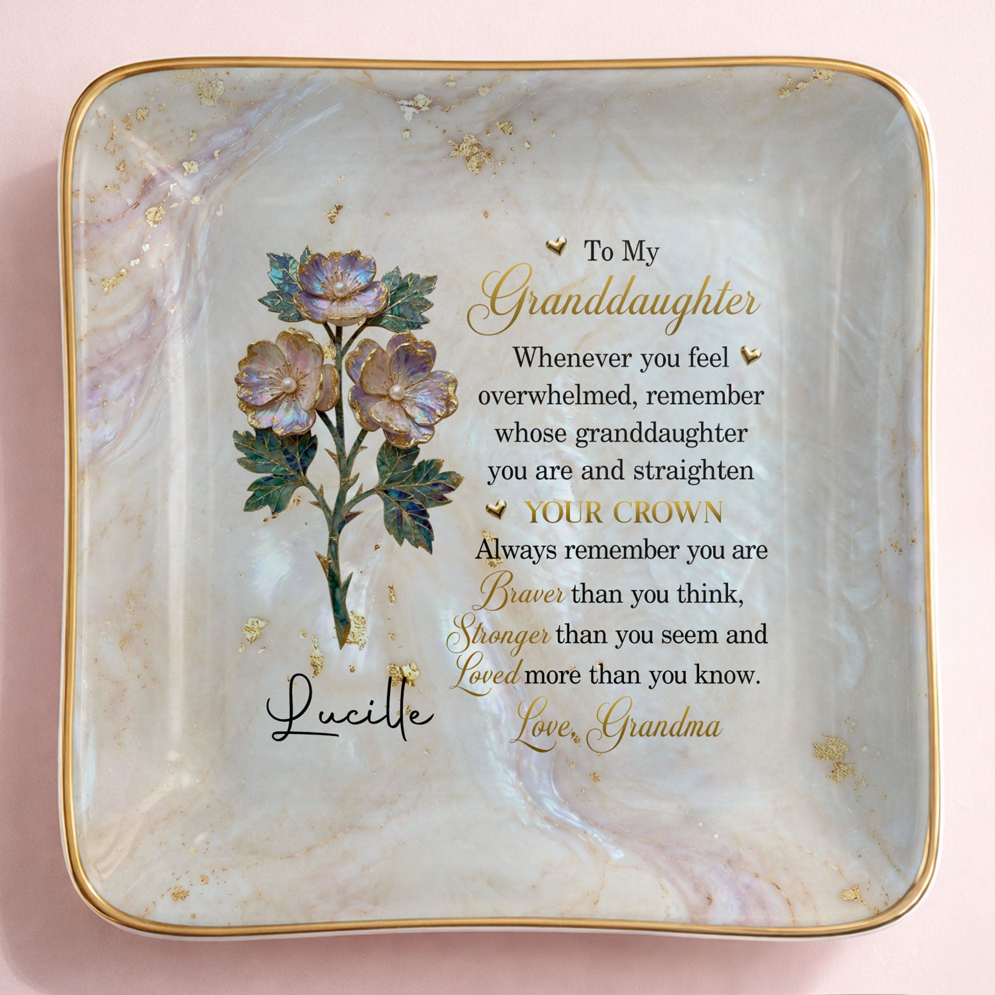 To My Granddaughter Straighten Your Crown Birth Month Flower Marble Jewelry Dish - Personalized Custom Jewelry Dish, Ceramic Dish, Square Shape - GDT733_SCRF