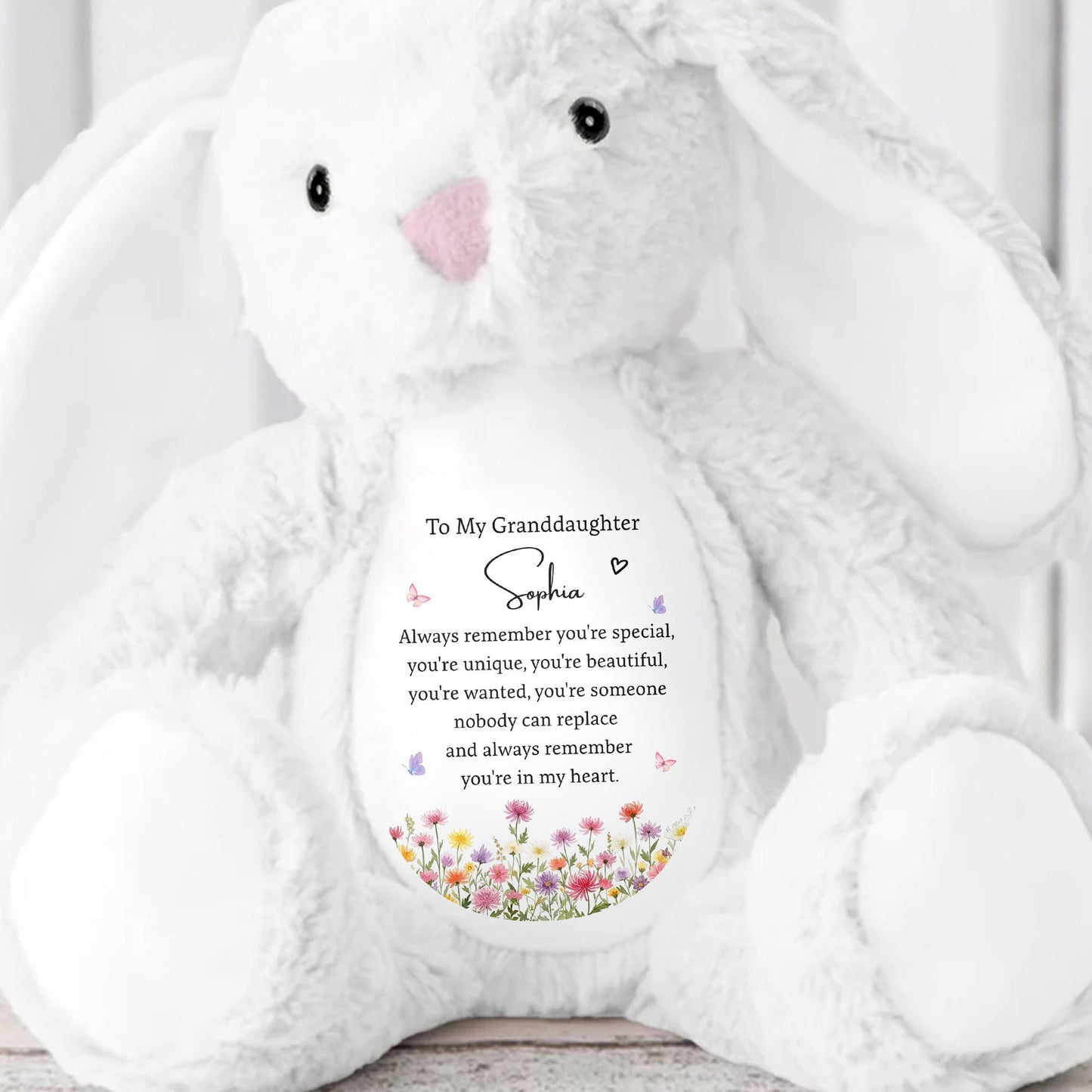 To My Granddaughter Always Remember You Are Special Flowers And Butterflies - Personalized Stuffed Bunny - GDT735_BUN