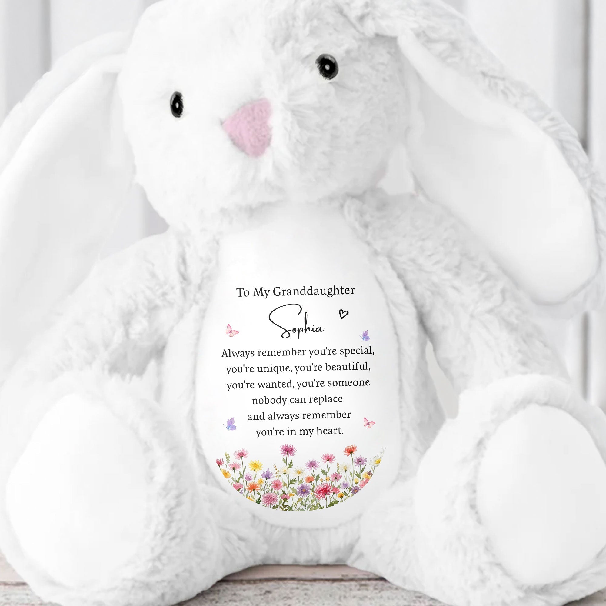 To My Granddaughter Always Remember You Are Special Flowers And Butterflies - Personalized Stuffed Bunny - GDT735_BUN