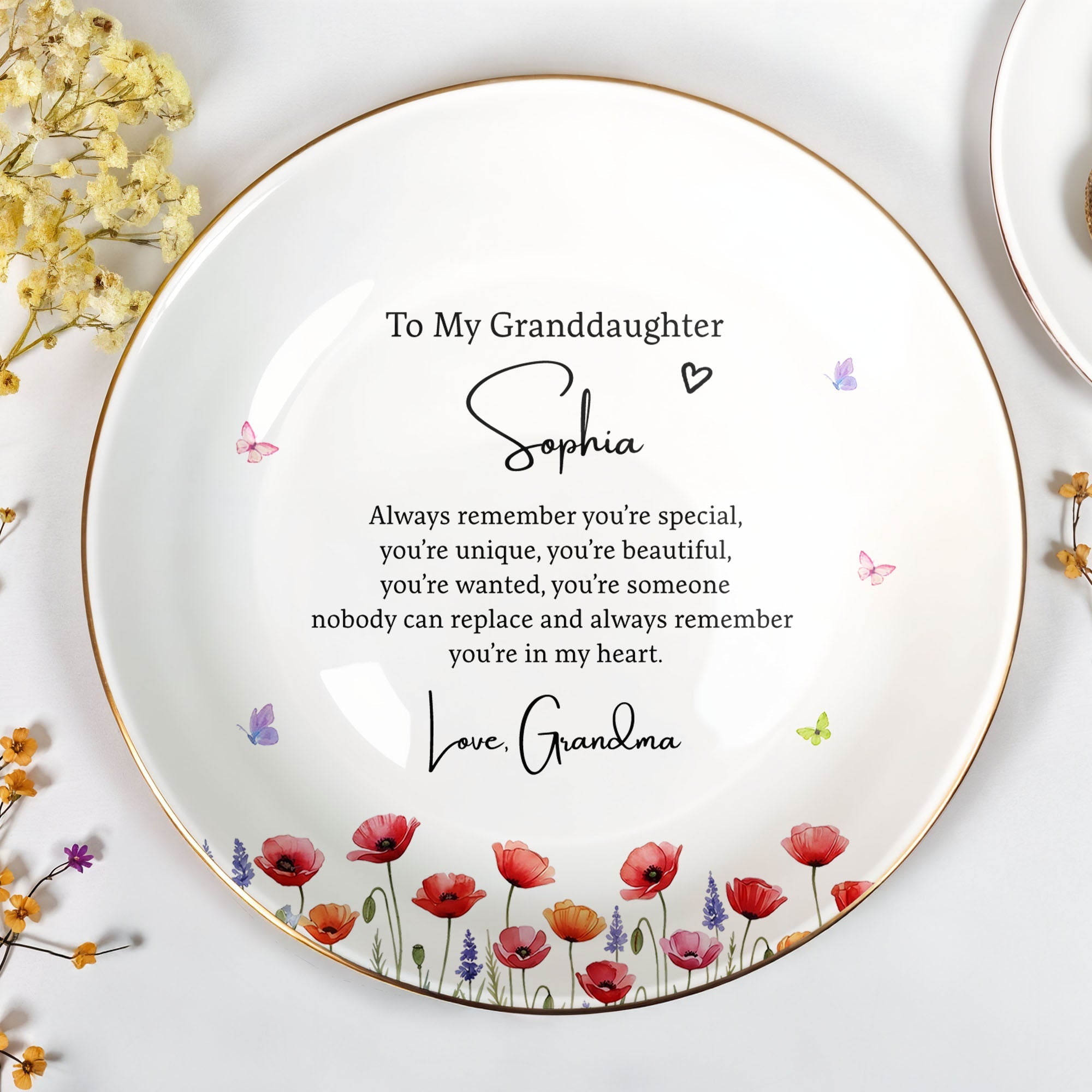 To My Granddaughter Always Remember You Are Special With Birth Month Flowers - Personalized Custom Jewelry Dish, Ceramic Dish, Round Shape - GDT735_RCRF