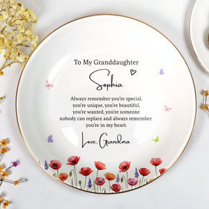 To My Granddaughter Always Remember You Are Special With Birth Month Flowers - Personalized Custom Jewelry Dish, Ceramic Dish, Round Shape - GDT735_RCRF