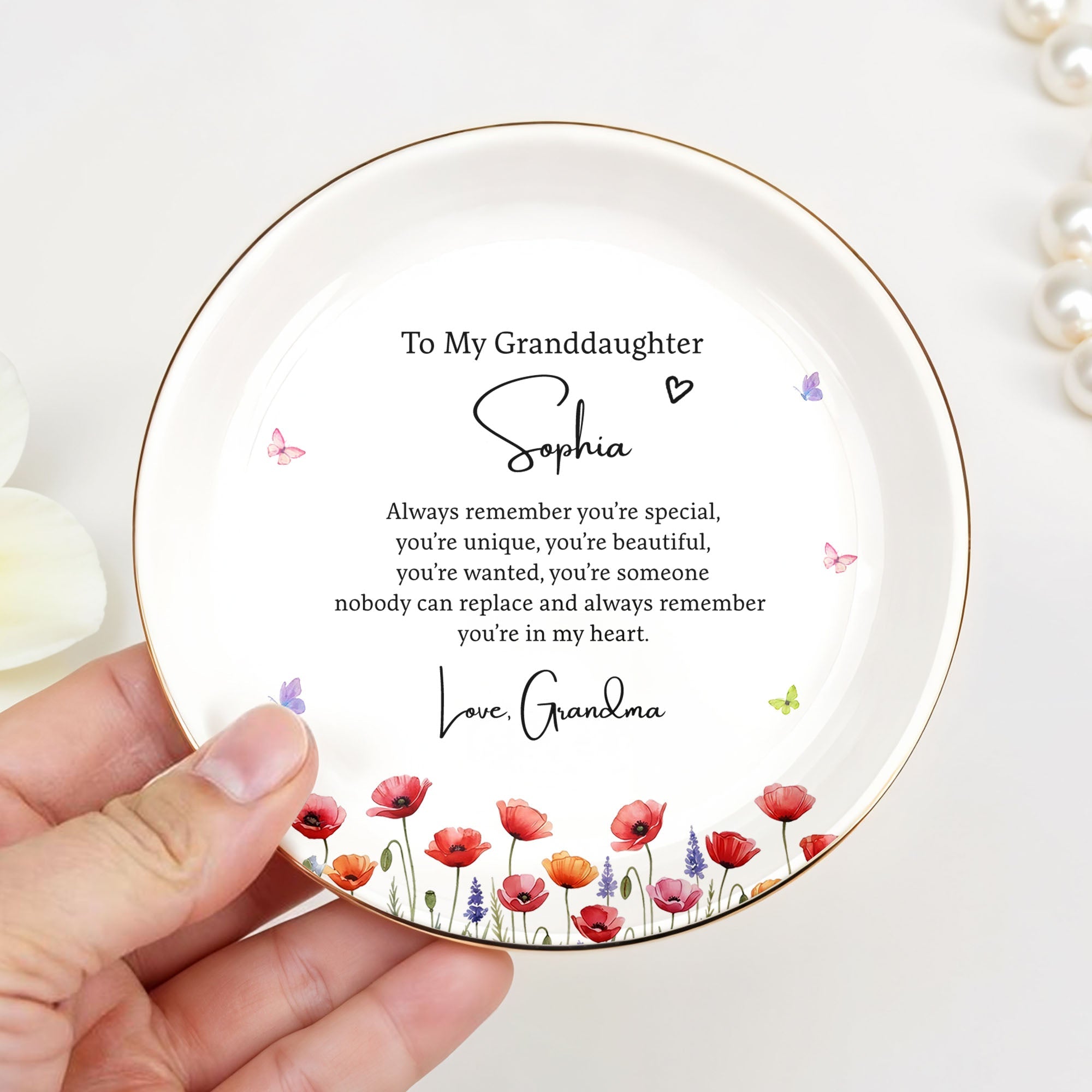 To My Granddaughter Always Remember You Are Special With Birth Month Flowers - Personalized Custom Jewelry Dish, Ceramic Dish, Round Shape - GDT735_RCRF