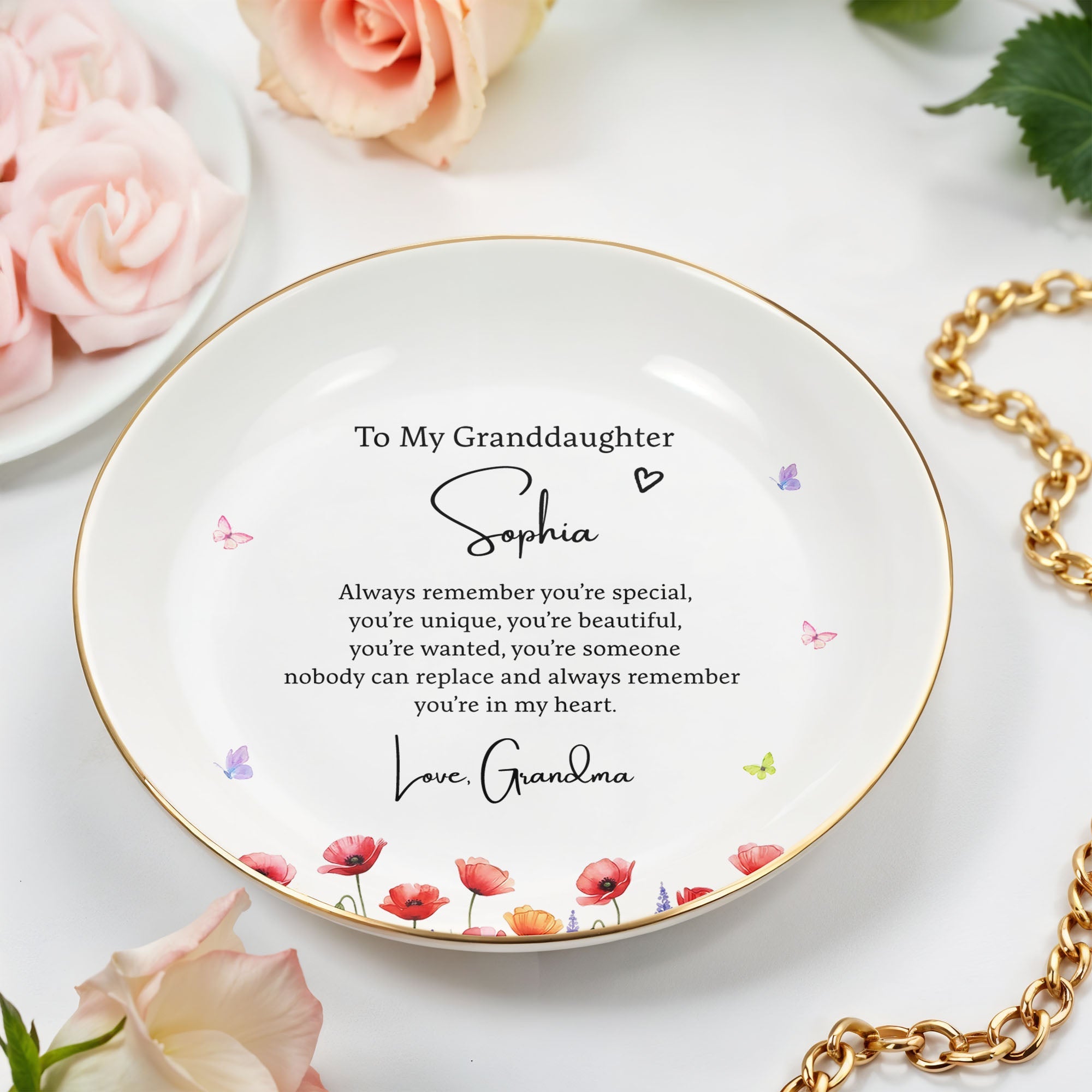 To My Granddaughter Always Remember You Are Special With Birth Month Flowers - Personalized Custom Jewelry Dish, Ceramic Dish, Round Shape - GDT735_RCRF