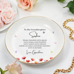 To My Granddaughter Always Remember You Are Special With Birth Month Flowers - Personalized Custom Jewelry Dish, Ceramic Dish, Round Shape - GDT735_RCRF