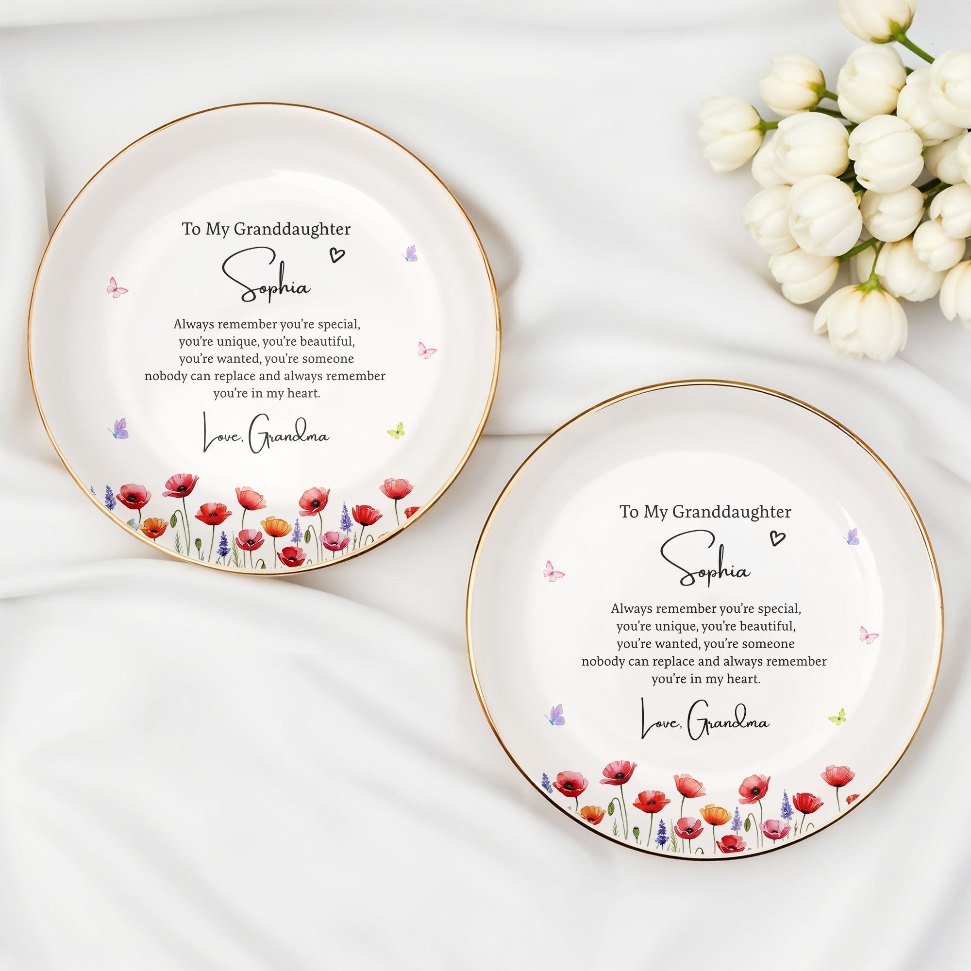 To My Granddaughter Always Remember You Are Special With Birth Month Flowers - Personalized Custom Jewelry Dish, Ceramic Dish, Round Shape - GDT735_RCRF