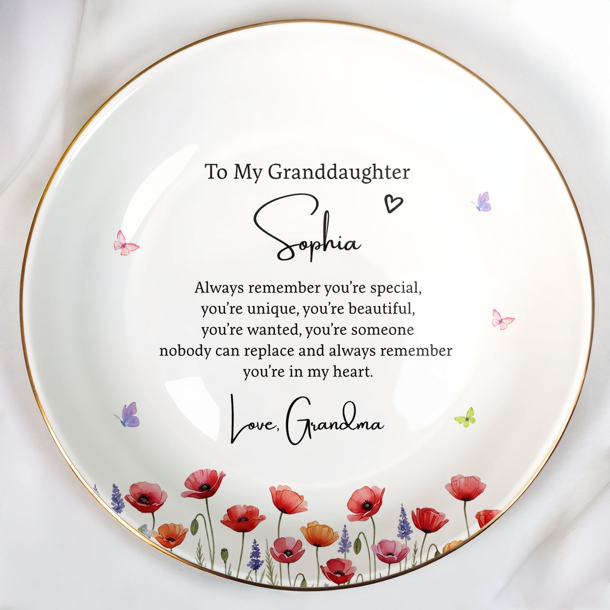 To My Granddaughter Always Remember You Are Special With Birth Month Flowers - Personalized Custom Jewelry Dish, Ceramic Dish, Round Shape - GDT735_RCRF