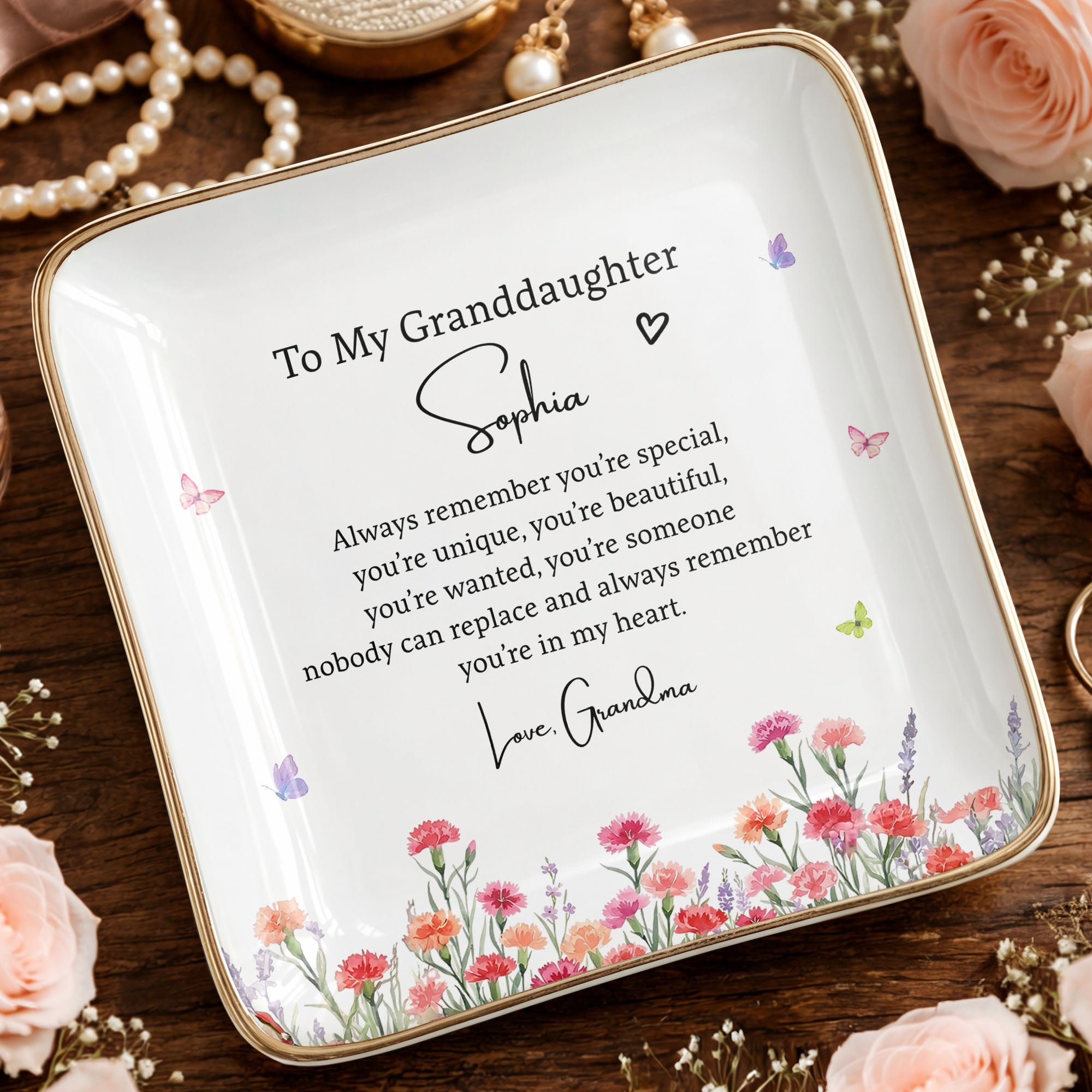 To My Granddaughter Always Remember You Are Special Birth Month Flowers - Personalized Custom Jewelry Dish, Ceramic Dish, Square Shape - GDT735_SCRF