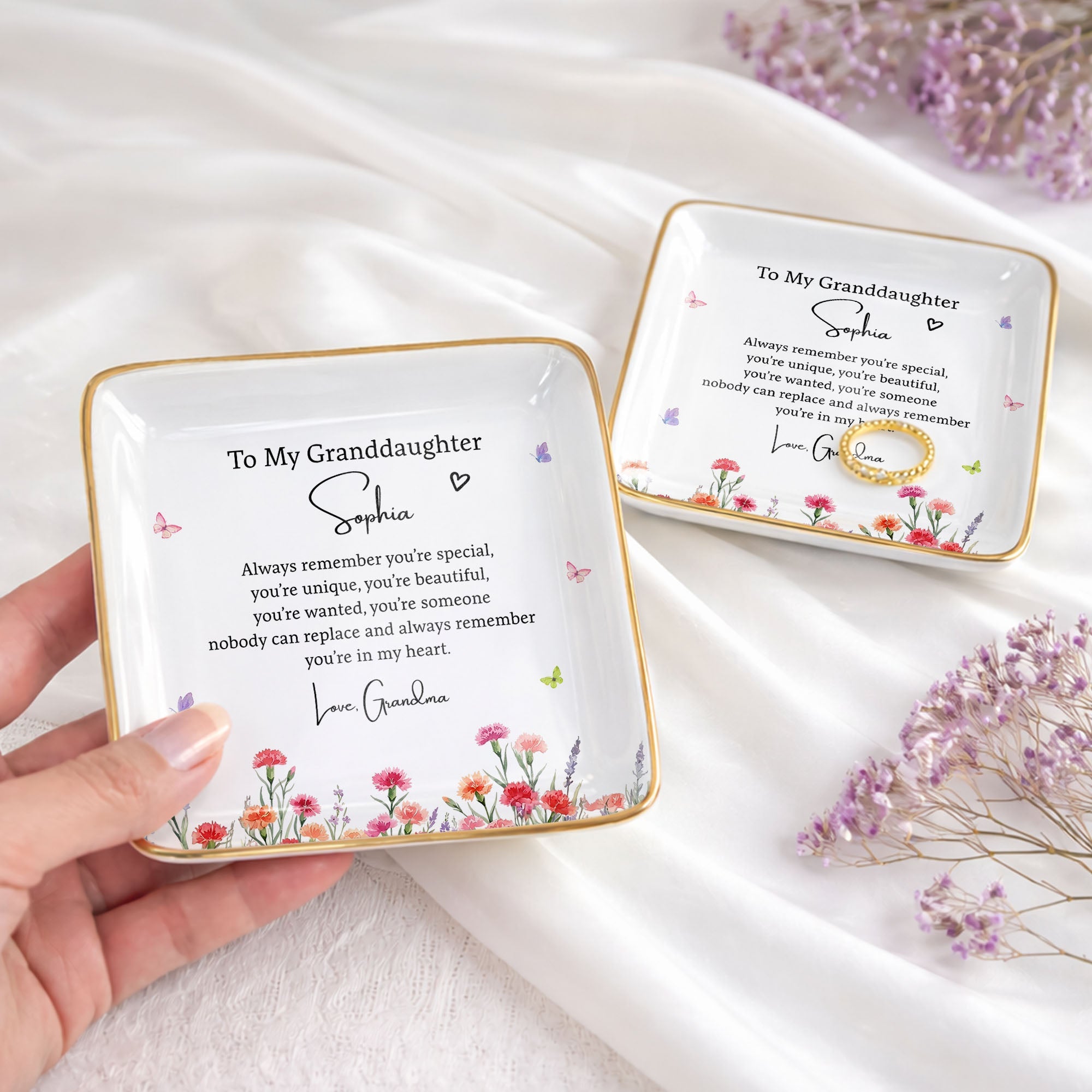 To My Granddaughter Always Remember You Are Special Birth Month Flowers - Personalized Custom Jewelry Dish, Ceramic Dish, Square Shape - GDT735_SCRF