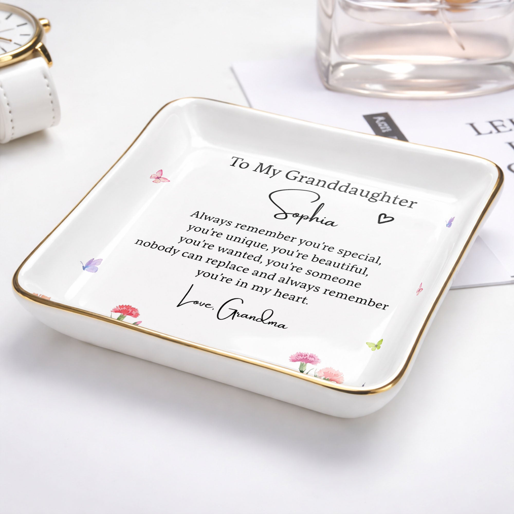 To My Granddaughter Always Remember You Are Special Birth Month Flowers - Personalized Custom Jewelry Dish, Ceramic Dish, Square Shape - GDT735_SCRF