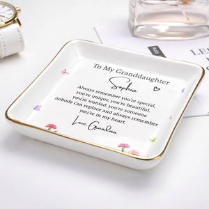 To My Granddaughter Always Remember You Are Special Birth Month Flowers - Personalized Custom Jewelry Dish, Ceramic Dish, Square Shape - GDT735_SCRF