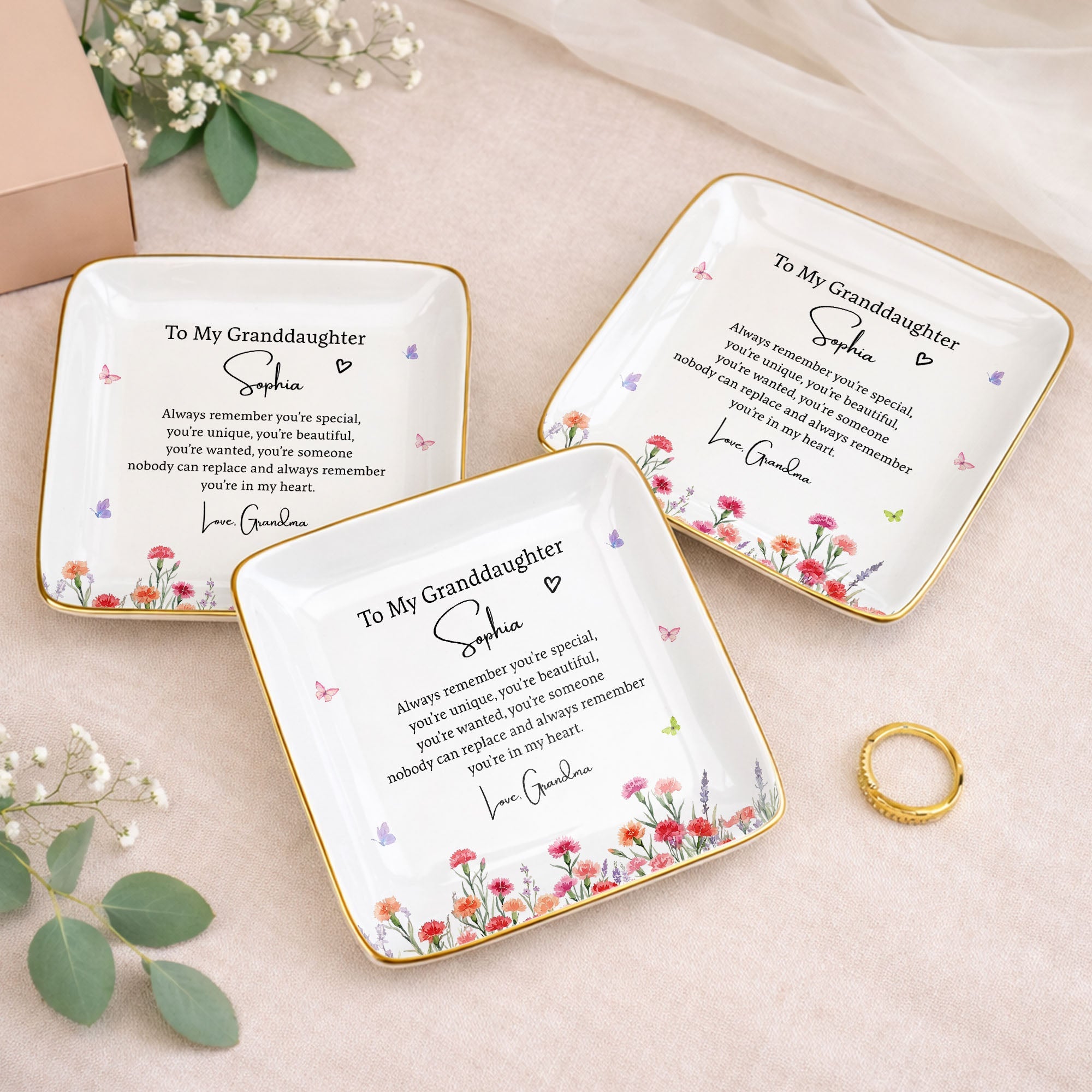 To My Granddaughter Always Remember You Are Special Birth Month Flowers - Personalized Custom Jewelry Dish, Ceramic Dish, Square Shape - GDT735_SCRF
