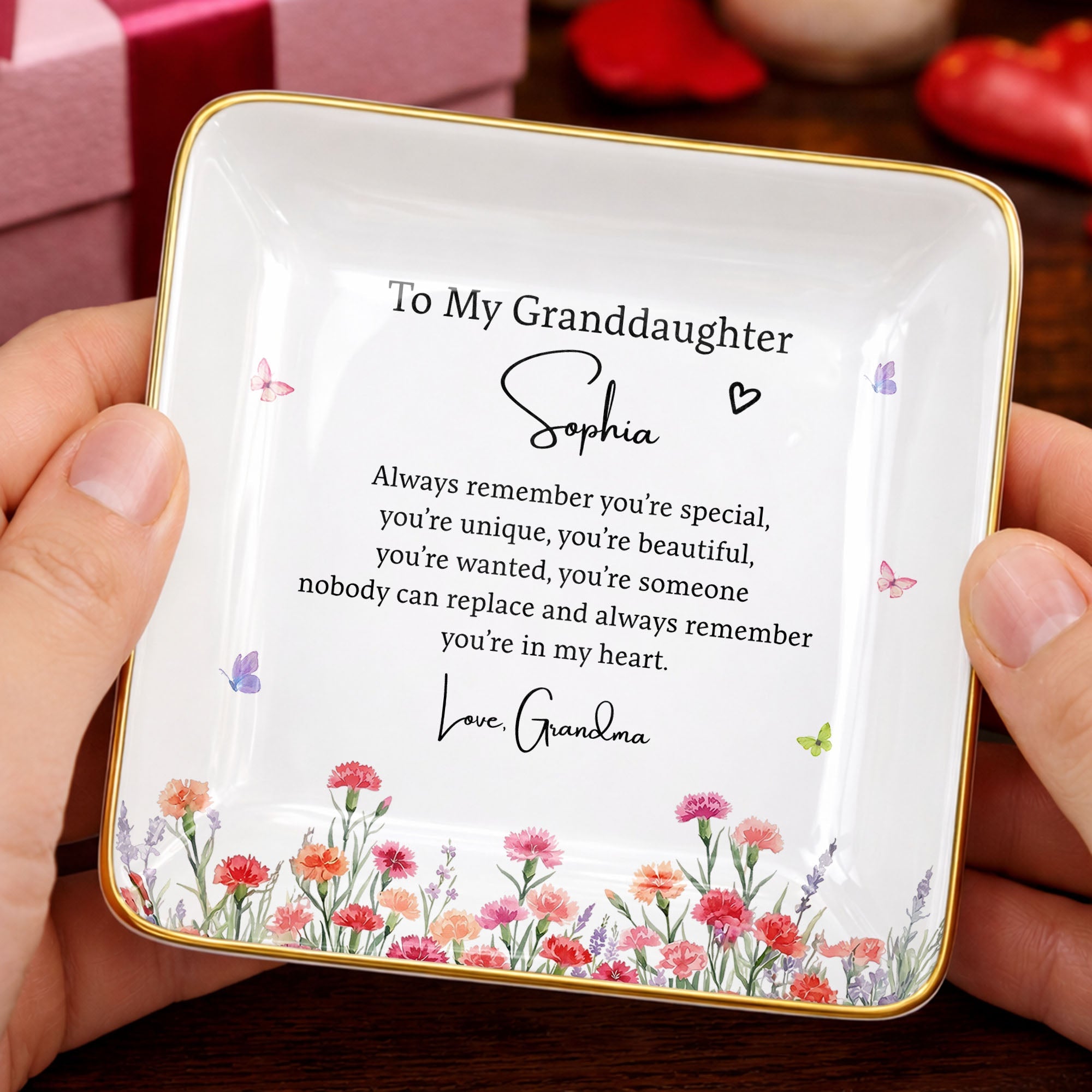 To My Granddaughter Always Remember You Are Special Birth Month Flowers - Personalized Custom Jewelry Dish, Ceramic Dish, Square Shape - GDT735_SCRF