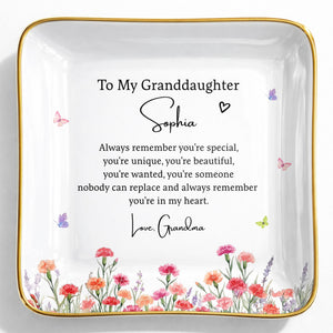 To My Granddaughter Always Remember You Are Special Birth Month Flowers - Personalized Custom Jewelry Dish, Ceramic Dish, Square Shape - GDT735_SCRF