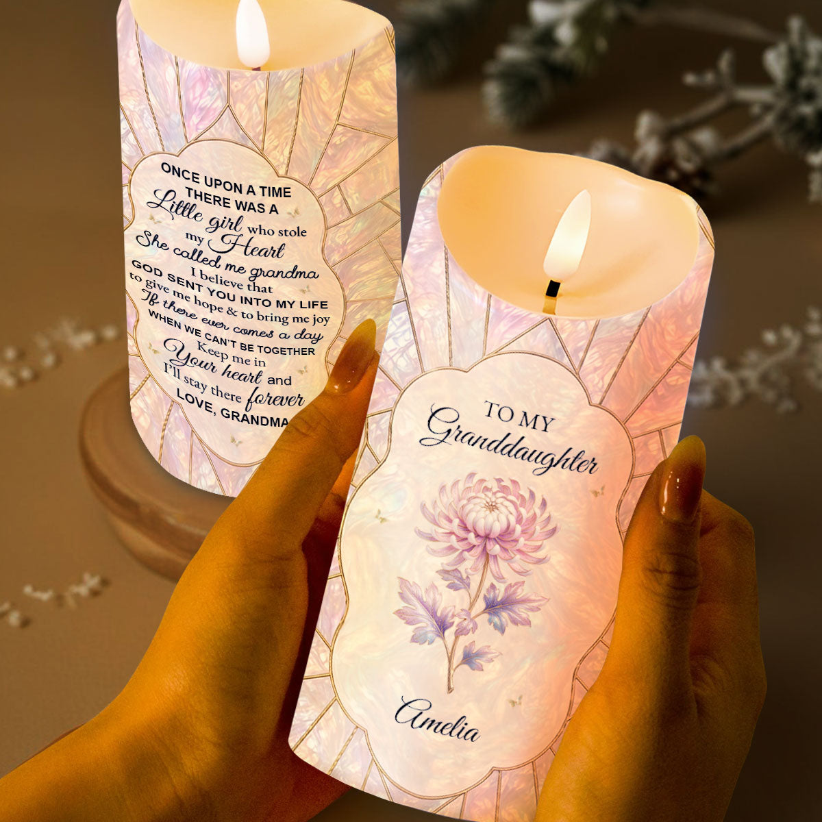 To My Granddaughter Once Upon A Time Mother Of Pearl Flower - Personalized Custom LED Candle - GDT736_LECA