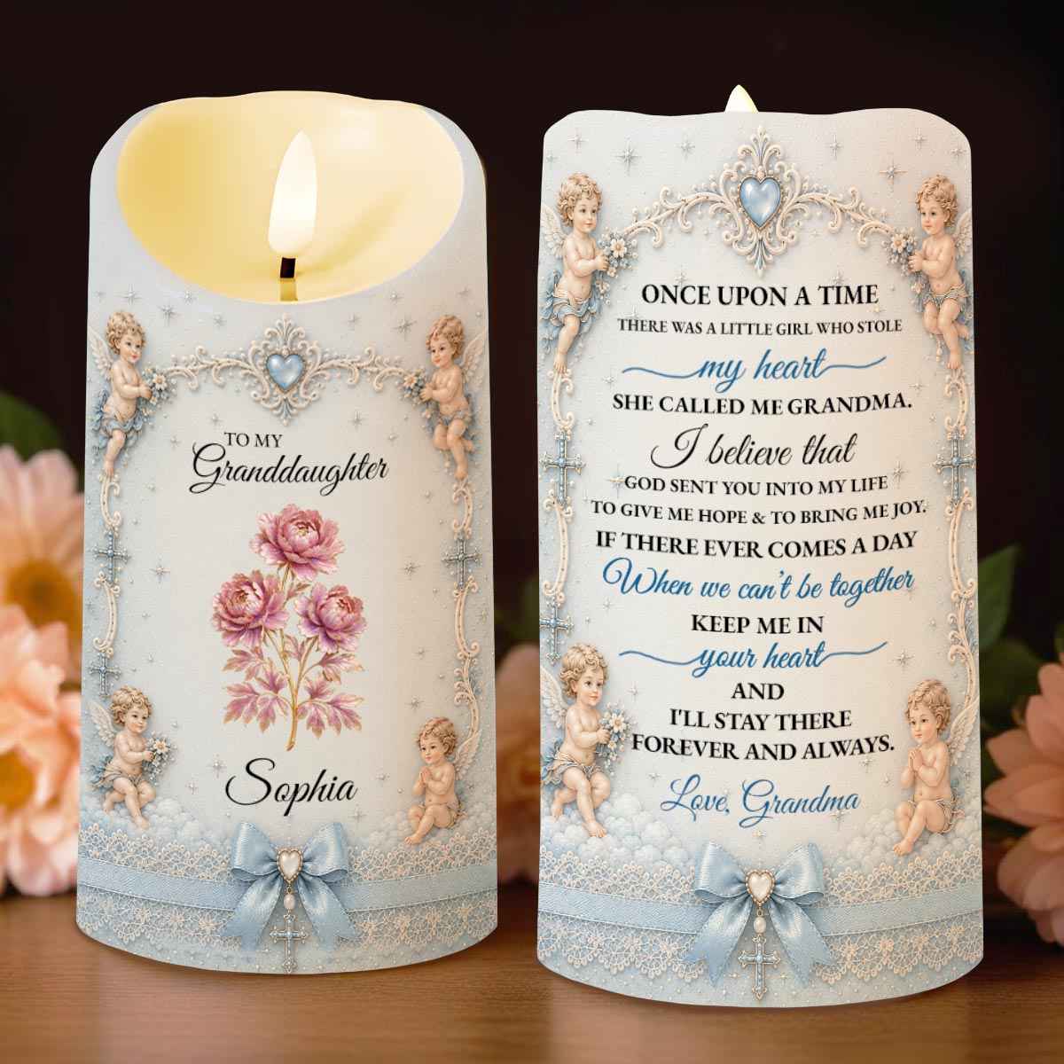 To My Granddaughter Once Upon A Time Flower And Cherub Angel - Personalized Custom LED Candle - GDT740_LECA