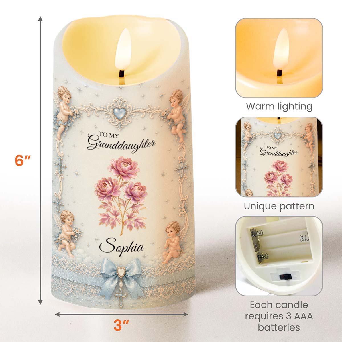 To My Granddaughter Once Upon A Time Flower And Cherub Angel - Personalized Custom LED Candle - GDT740_LECA