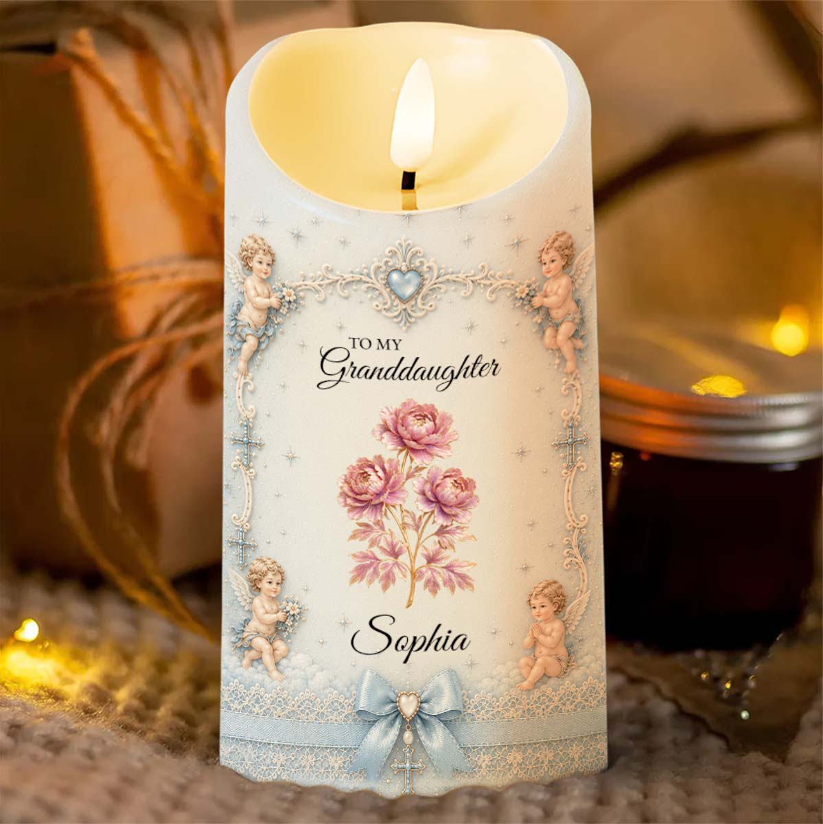 To My Granddaughter Once Upon A Time Flower And Cherub Angel - Personalized Custom LED Candle - GDT740_LECA