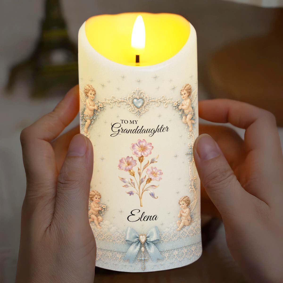 To My Granddaughter Once Upon A Time Flower And Cherub Angel - Personalized Custom LED Candle - GDT740_LECA