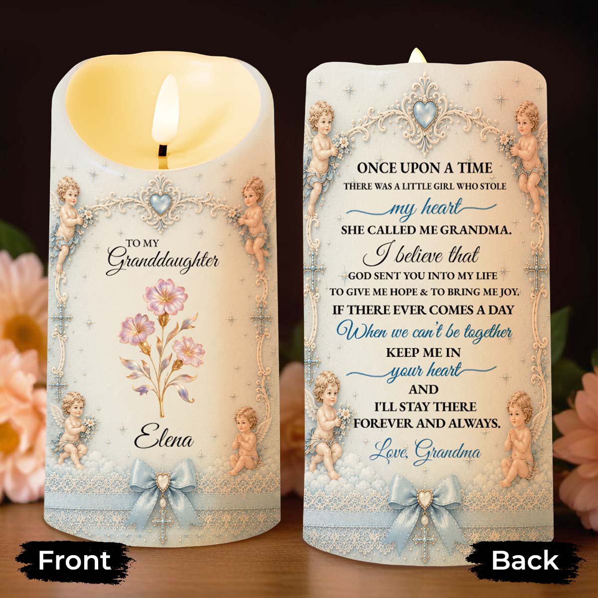 To My Granddaughter Once Upon A Time Flower And Cherub Angel - Personalized Custom LED Candle - GDT740_LECA