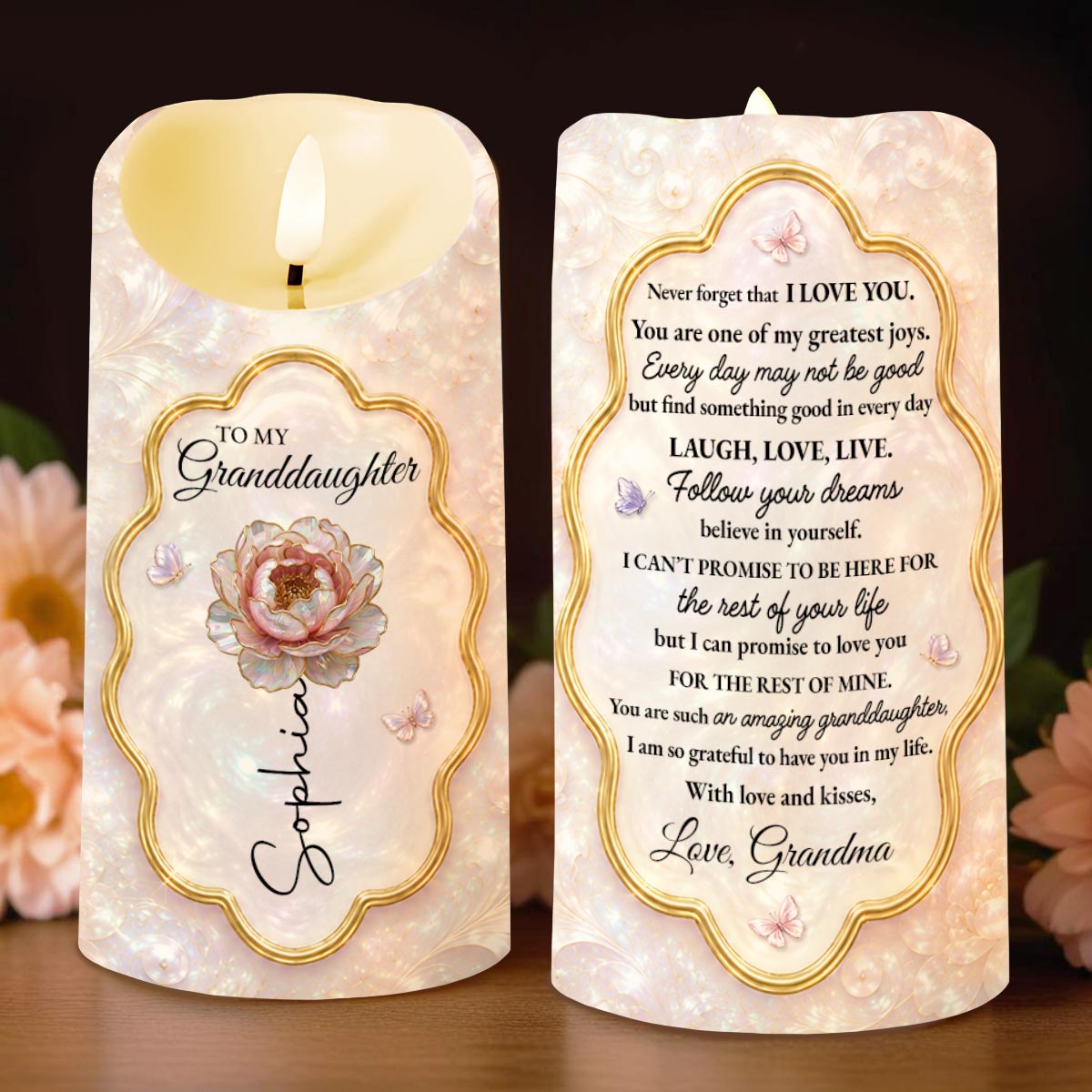 To My Granddaughter Never Forget I Love You Flower Butterfly - Personalized Custom LED Candle - GDT742_LECA