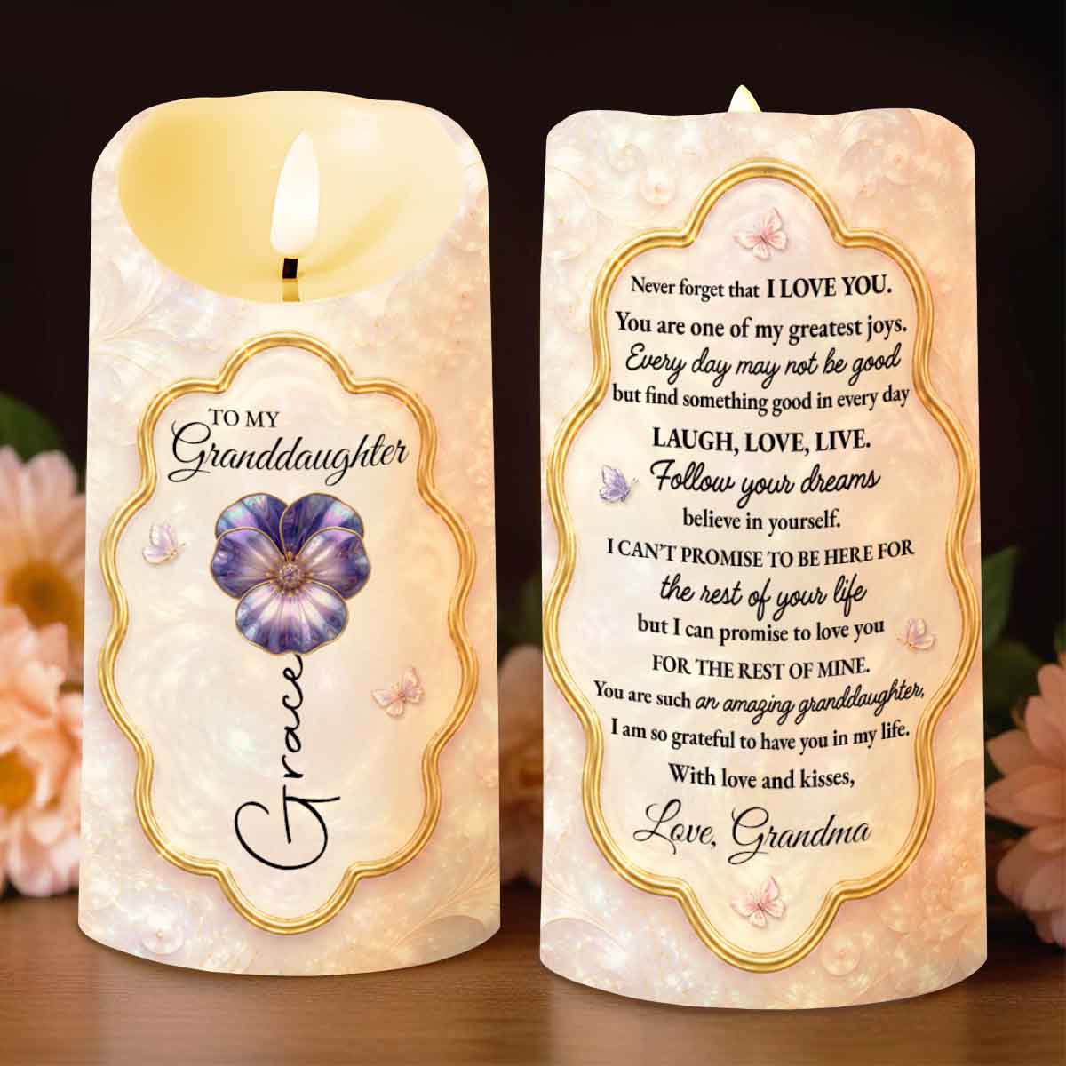 To My Granddaughter Never Forget I Love You Flower Butterfly - Personalized Custom LED Candle - GDT742_LECA