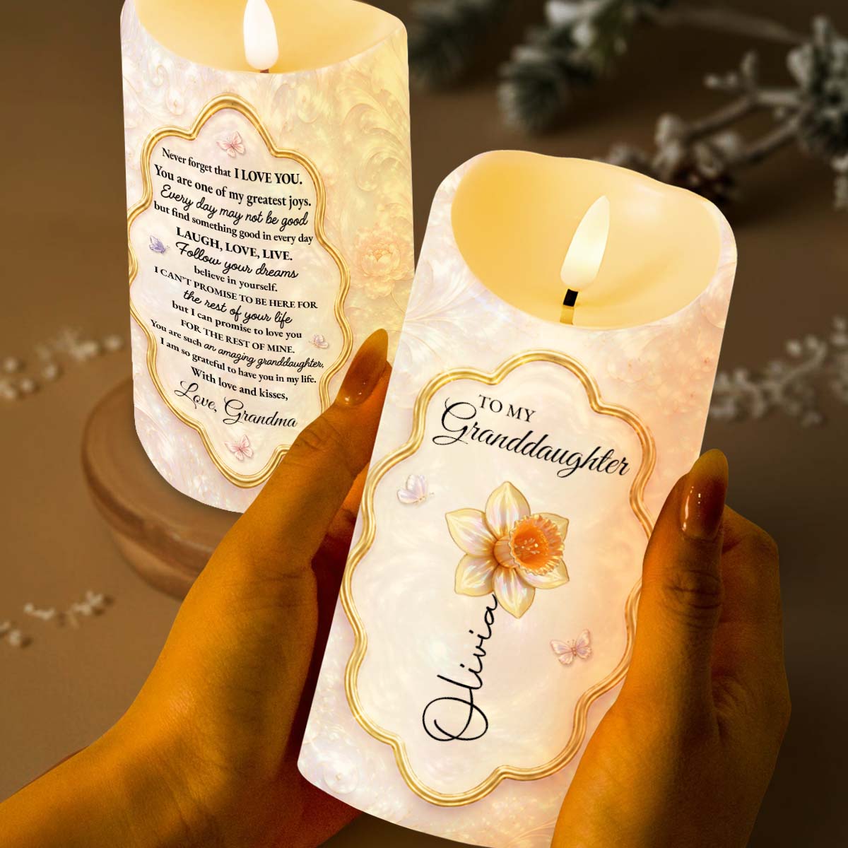 To My Granddaughter Never Forget I Love You Flower Butterfly - Personalized Custom LED Candle - GDT742_LECA