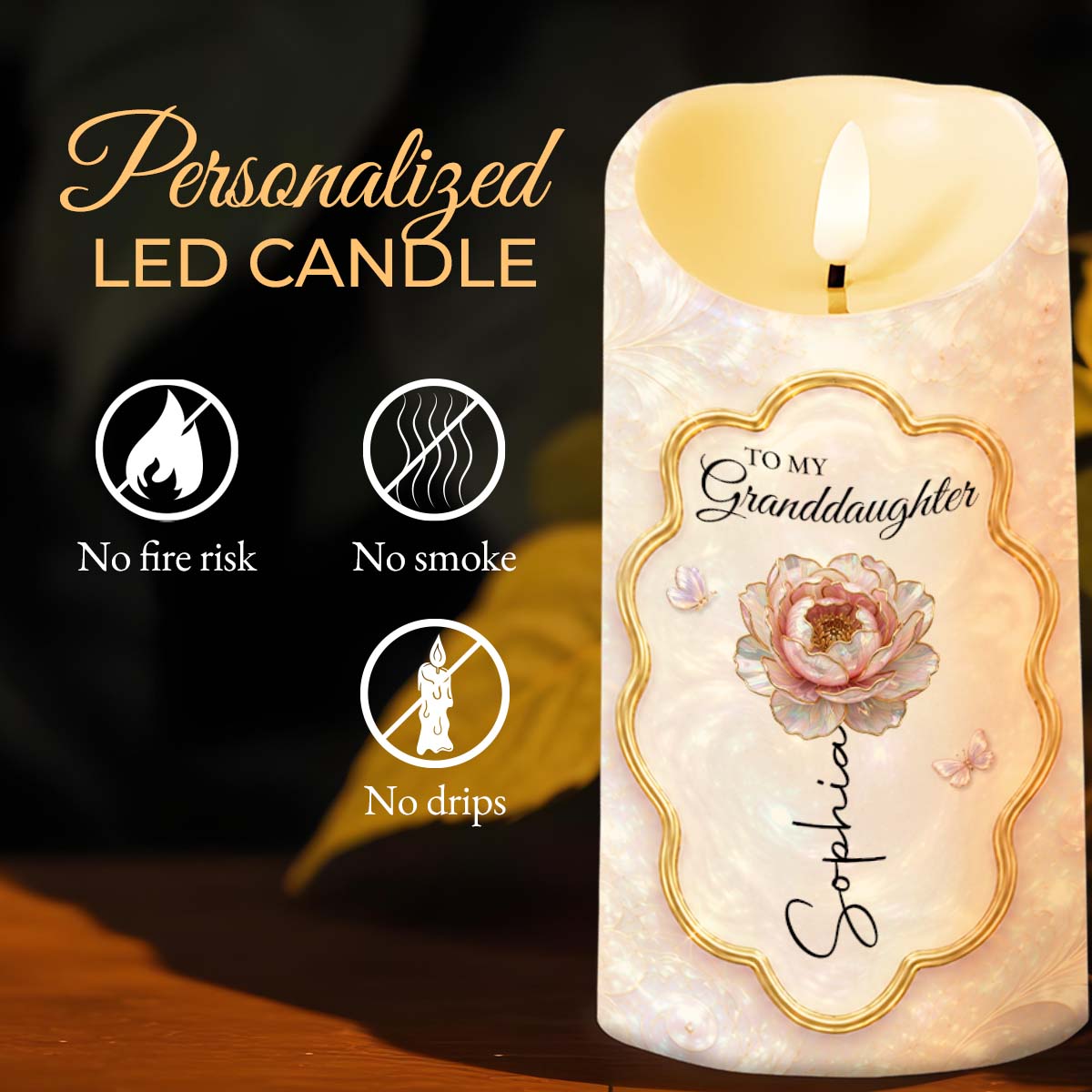 To My Granddaughter Never Forget I Love You Flower Butterfly - Personalized Custom LED Candle - GDT742_LECA