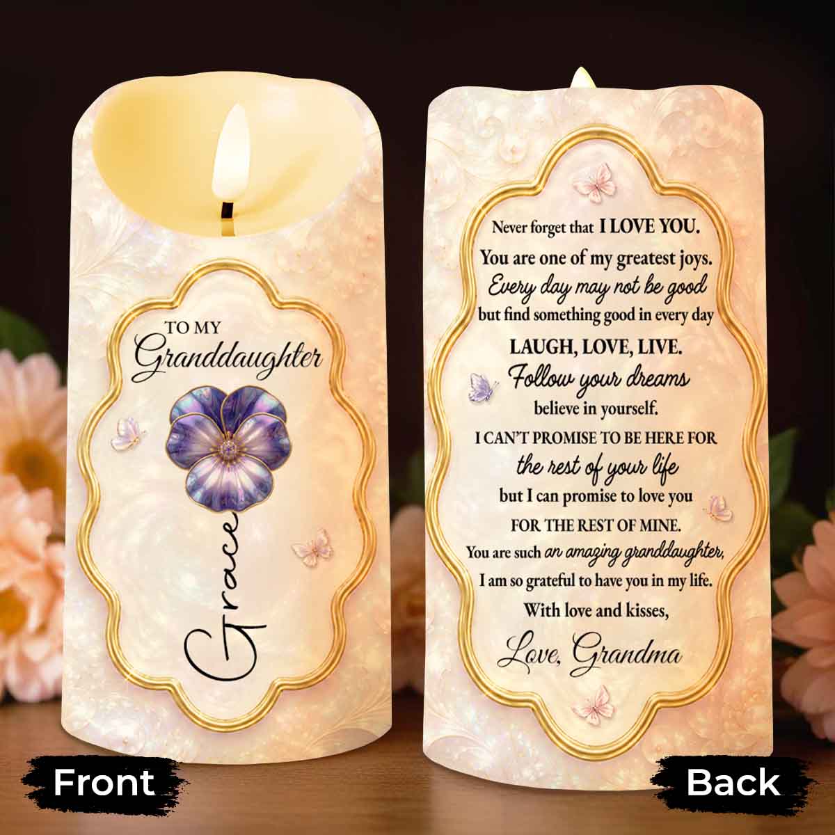 To My Granddaughter Never Forget I Love You Flower Butterfly - Personalized Custom LED Candle - GDT742_LECA