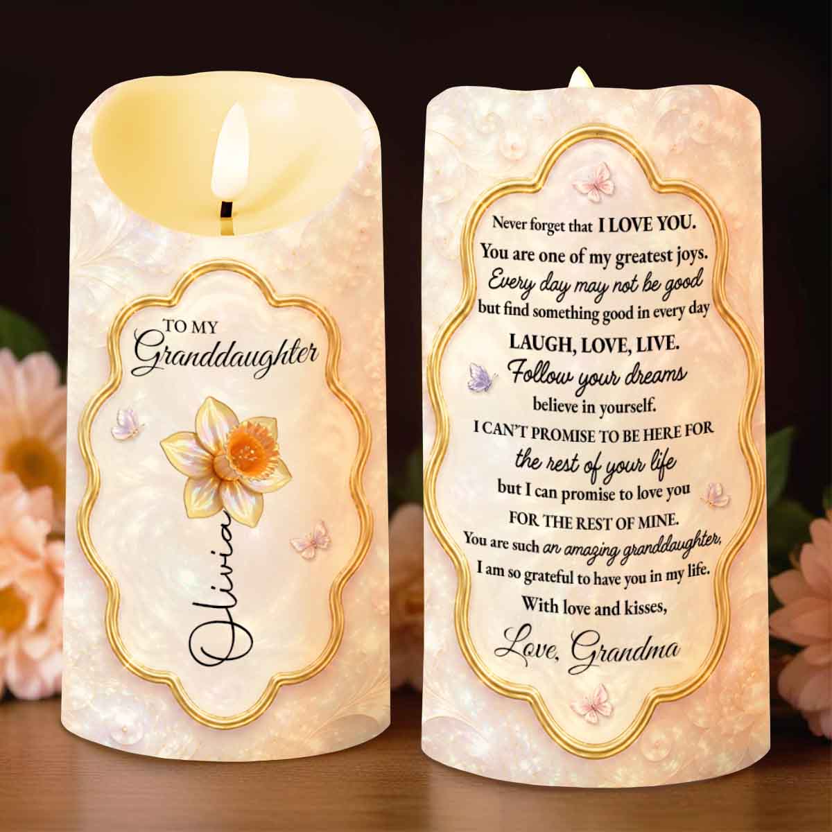 To My Granddaughter Never Forget I Love You Flower Butterfly - Personalized Custom LED Candle - GDT742_LECA