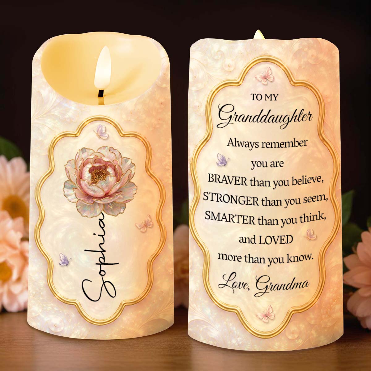 To My Granddaughter Always Remember Braver Stronger Smarter Flower Butterfly - Personalized Custom LED Candle - GDT743_LECA