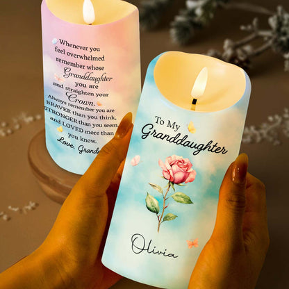 To My Granddaughter Straighten Your Crown Birth Month Flower And Butterflies - Personalized Custom LED Candle - GDT752_LECA