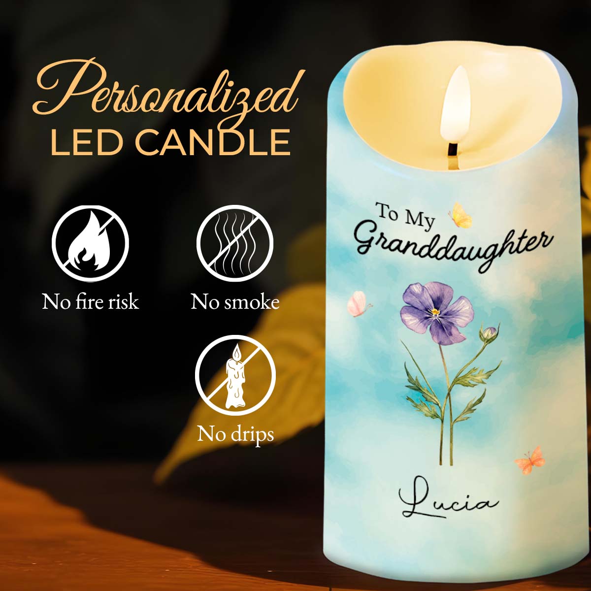 To My Granddaughter Straighten Your Crown Birth Month Flower And Butterflies - Personalized Custom LED Candle - GDT752_LECA