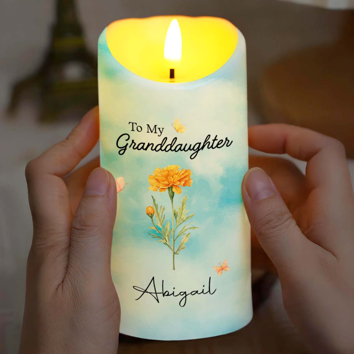 To My Granddaughter Straighten Your Crown Birth Month Flower And Butterflies - Personalized Custom LED Candle - GDT752_LECA