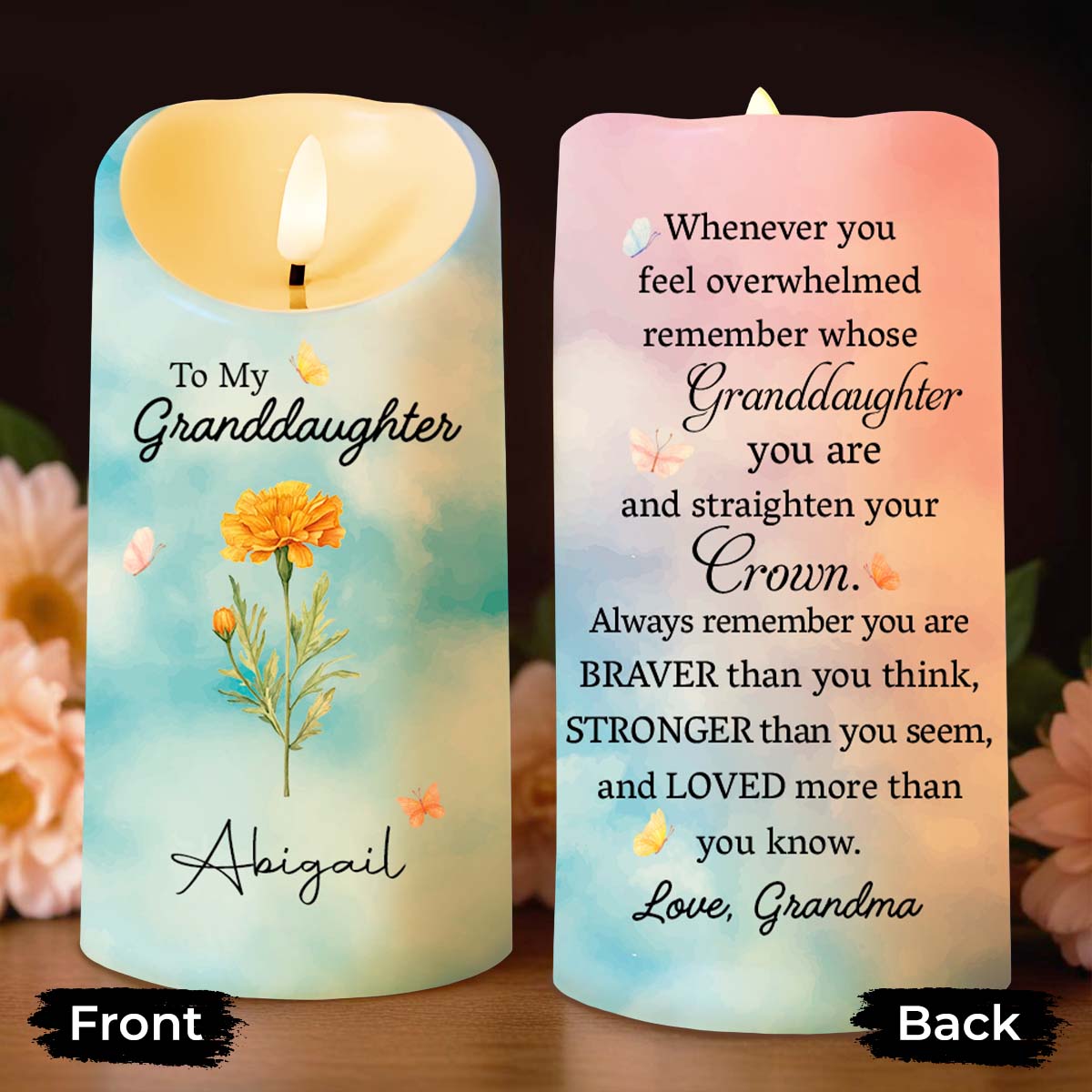 To My Granddaughter Straighten Your Crown Birth Month Flower And Butterflies - Personalized Custom LED Candle - GDT752_LECA