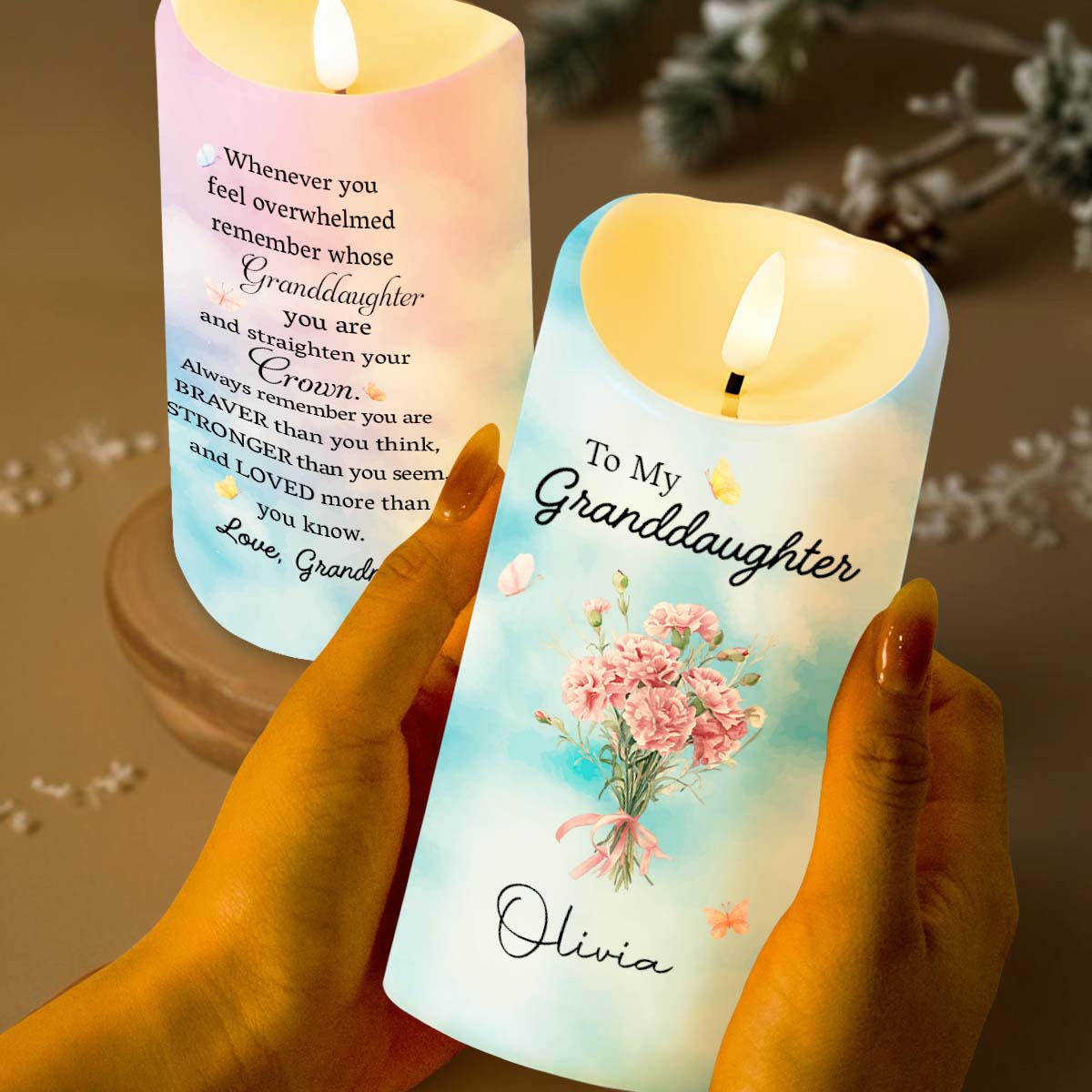 To My Granddaughter Remember Whose You Are Straighten Your Crown Flower Bouquet - Personalized Custom LED Candle - GDT753_LECA