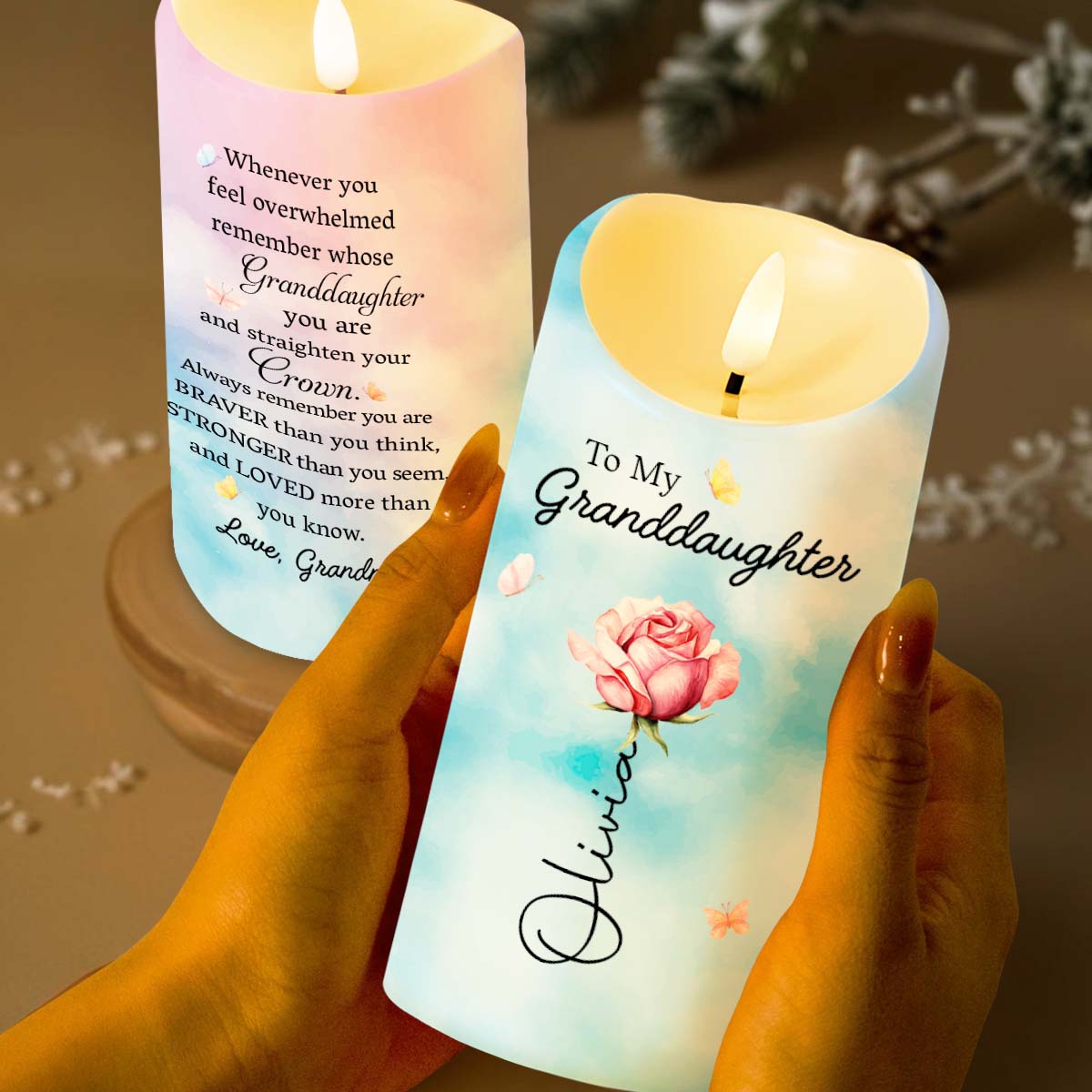 To My Granddaughter Straighten Your Crown Flower And Butterfly - Personalized Custom LED Candle - GDT754_LECA