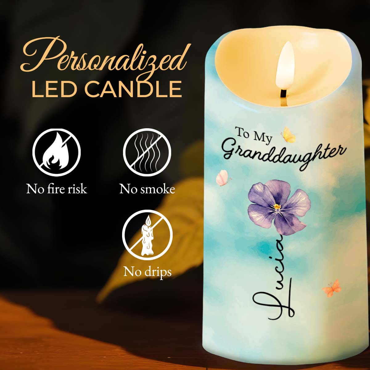 To My Granddaughter Straighten Your Crown Flower And Butterfly - Personalized Custom LED Candle - GDT754_LECA