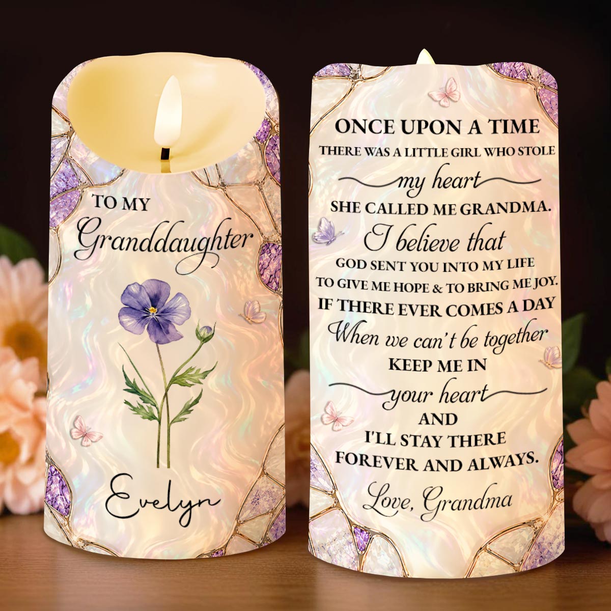 To My Granddaughter Once Upon A Time Birth Month Flower And Butterflies - Personalized Custom LED Candle - GDT756_LECA