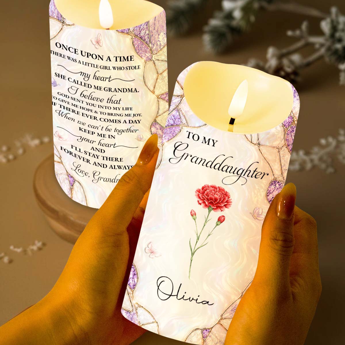 To My Granddaughter Once Upon A Time Birth Month Flower And Butterflies - Personalized Custom LED Candle - GDT756_LECA