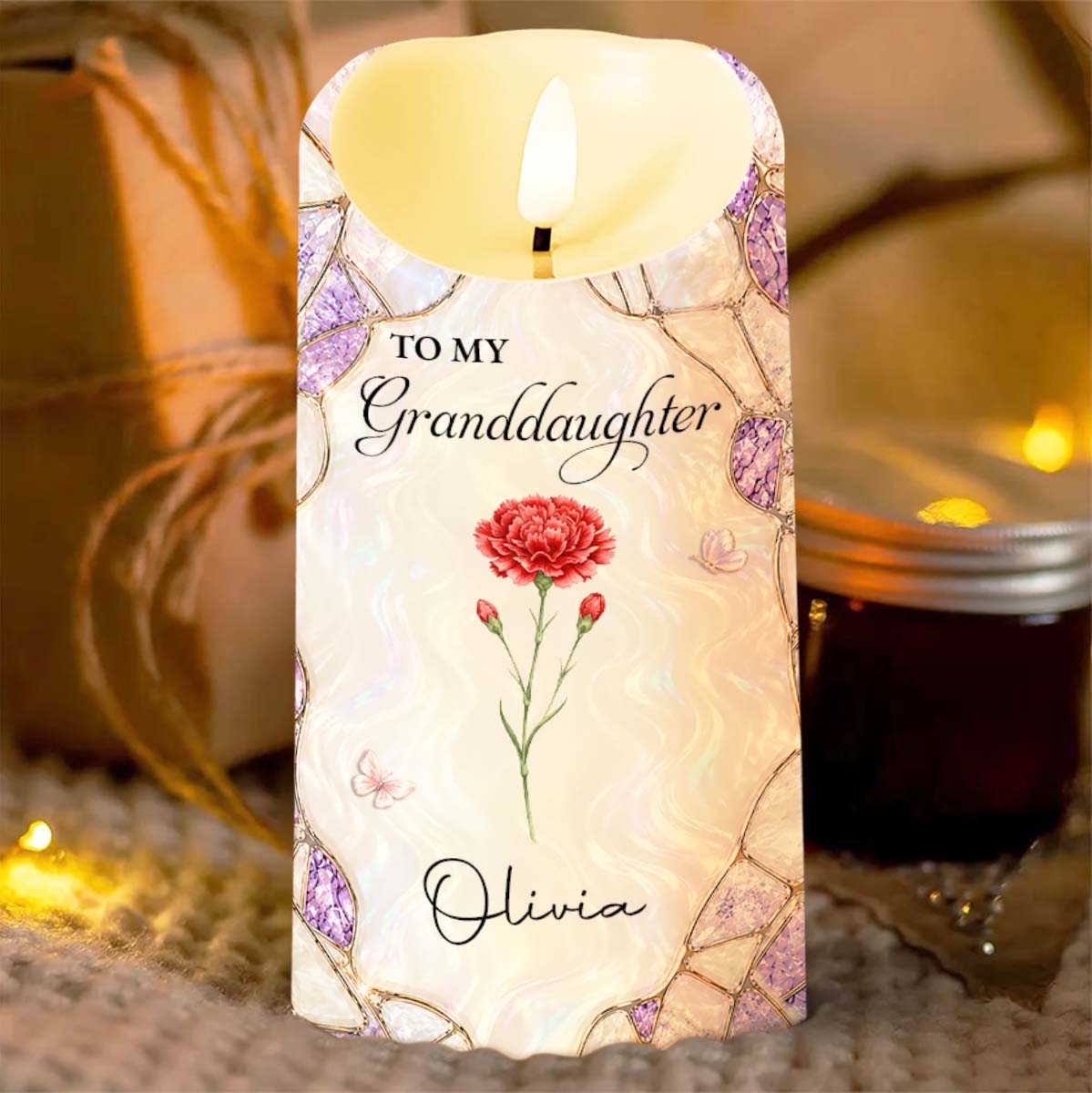 To My Granddaughter Once Upon A Time Birth Month Flower And Butterflies - Personalized Custom LED Candle - GDT756_LECA