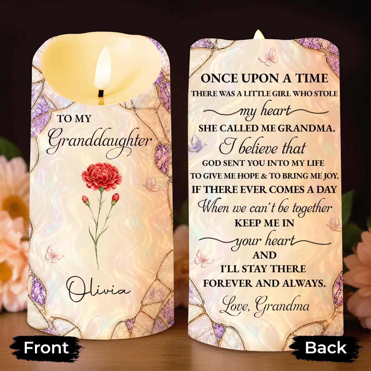 To My Granddaughter Once Upon A Time Birth Month Flower And Butterflies - Personalized Custom LED Candle - GDT756_LECA