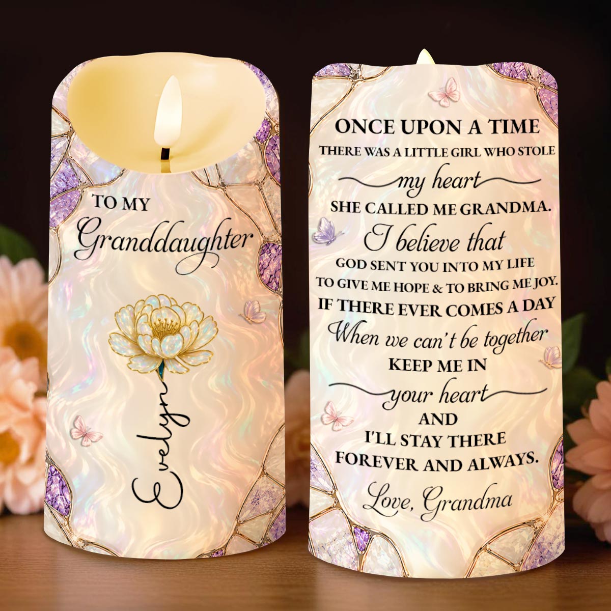 To My Granddaughter Custom Birth Month Flower Daisy Stained Glass Design - Personalized Custom LED Candle - GDT759_LECA