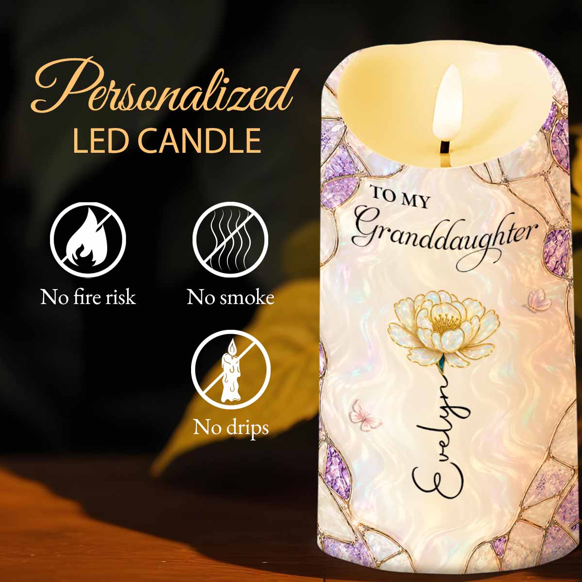 To My Granddaughter Custom Birth Month Flower Daisy Stained Glass Design - Personalized Custom LED Candle - GDT759_LECA