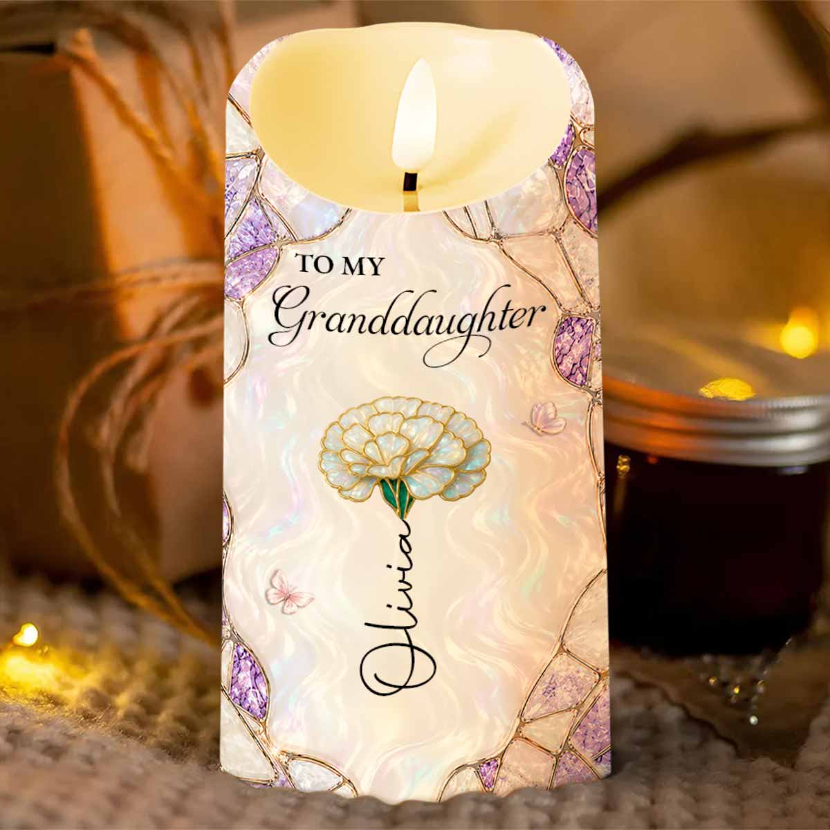 To My Granddaughter Custom Birth Month Flower Daisy Stained Glass Design - Personalized Custom LED Candle - GDT759_LECA