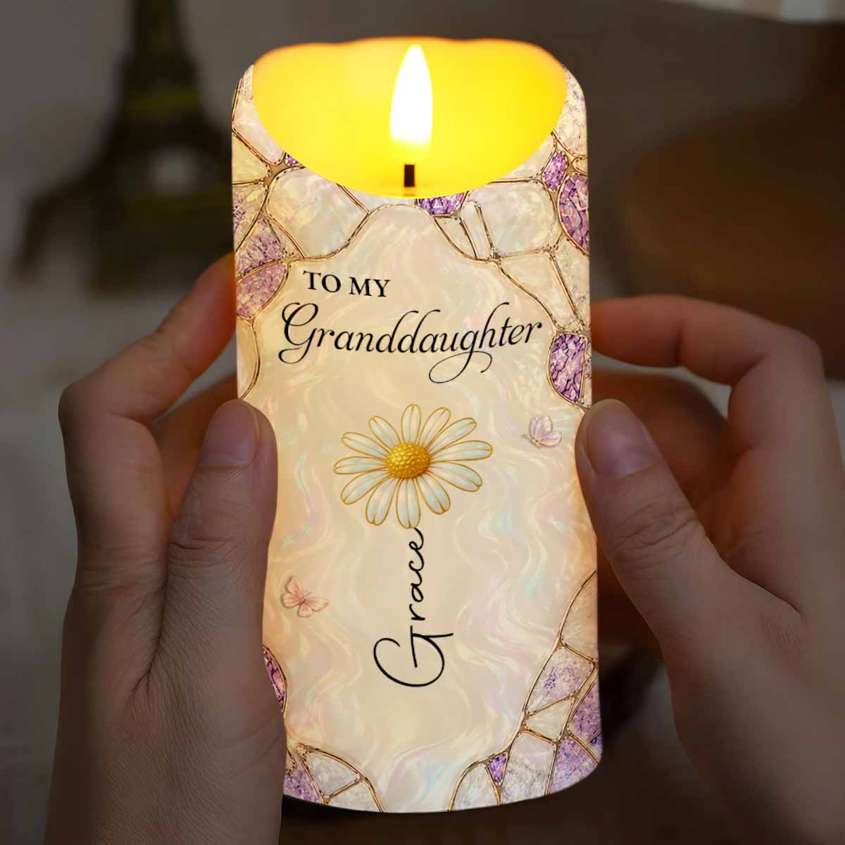 To My Granddaughter Custom Birth Month Flower Daisy Stained Glass Design - Personalized Custom LED Candle - GDT759_LECA