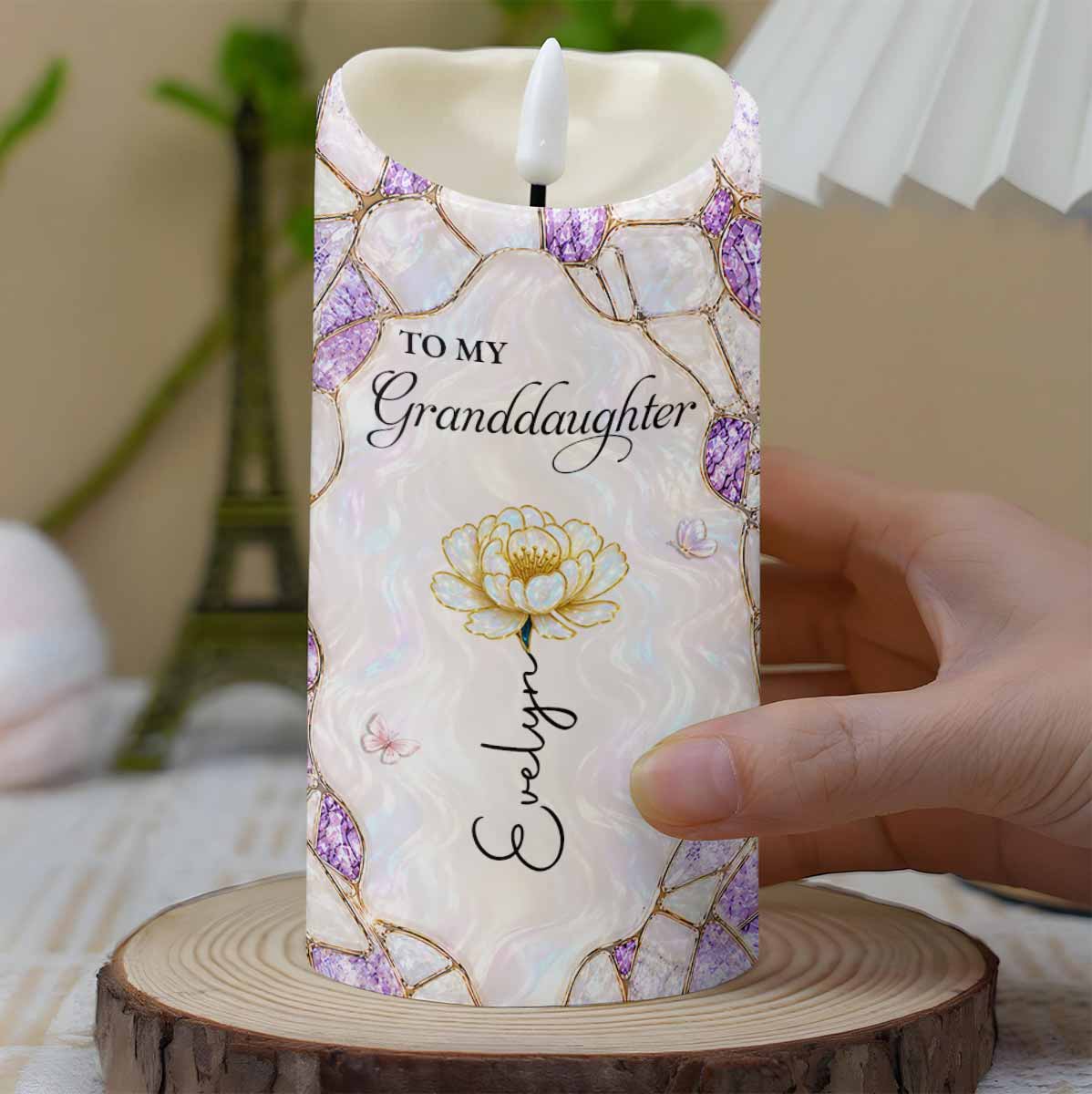 To My Granddaughter Custom Birth Month Flower Daisy Stained Glass Design - Personalized Custom LED Candle - GDT759_LECA