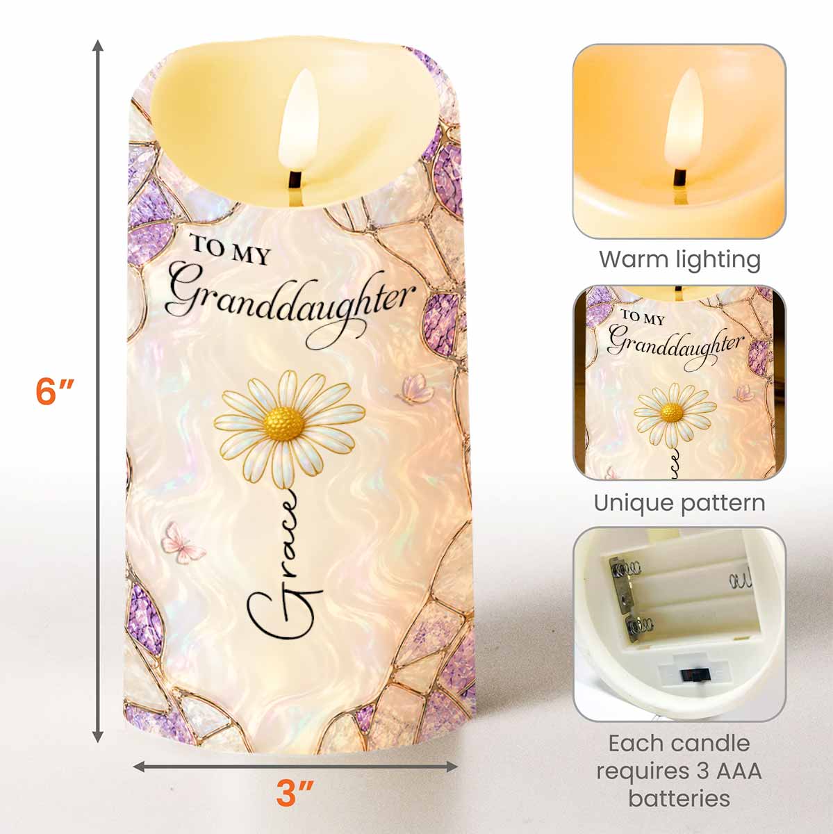 To My Granddaughter Custom Birth Month Flower Daisy Stained Glass Design - Personalized Custom LED Candle - GDT759_LECA