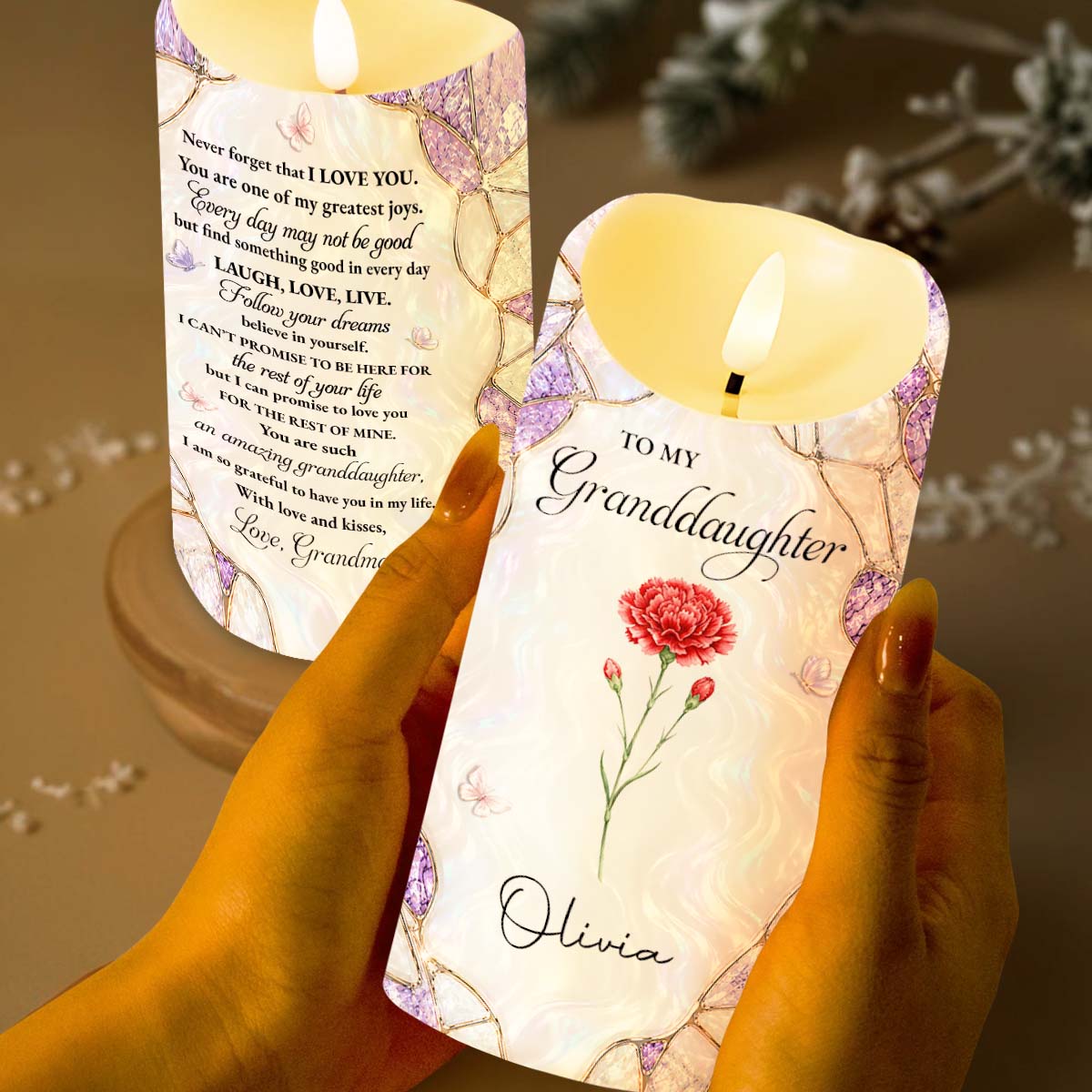 To My Granddaughter Never Forget I Love You Purple Flower Butterflies - Personalized Custom LED Candle - GDT762_LECA