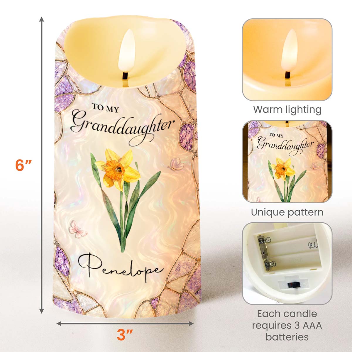 To My Granddaughter Never Forget I Love You Purple Flower Butterflies - Personalized Custom LED Candle - GDT762_LECA